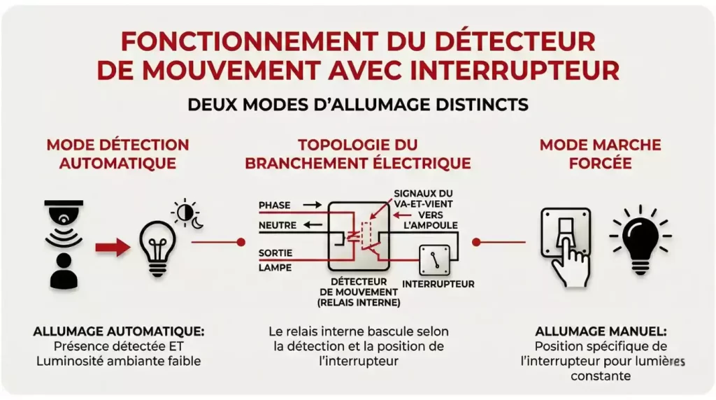 Fonctionnement du détecteur de mouvement associé à un interrupteur