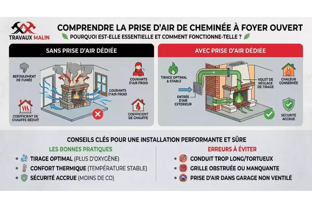 Prise d’air pour cheminée à foyer ouvert : rôle, dimensions et conseils d’installation