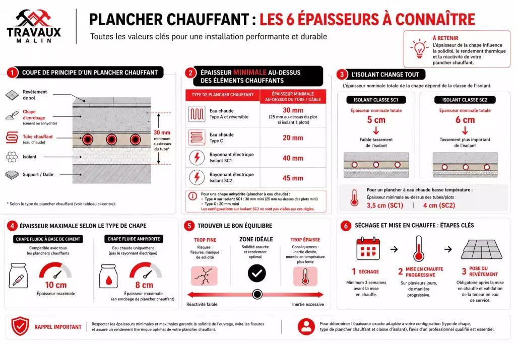 Pour un plancher chauffant, la chape qui enrobe les éléments chauffants doit respecter une épaisseur minimale au-dessus des tubes.